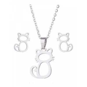 Set De Aretes + Dg + Cadena De Regalo Acero Inox, Gatos Cont