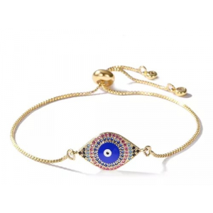 Pulsera Cobre Ojo Turco Aros Dorado/azul