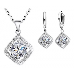 Set Collar Y Aretes Baño Plata 925, Cuadro Zirconia Bola