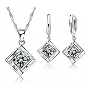 Set Collar Y Aretes Baño Plata 925, Cuadrado Doble