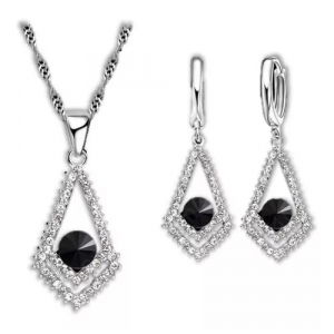 Set Collar Y Aretes Baño Plata 925, Largo Fashion Negro