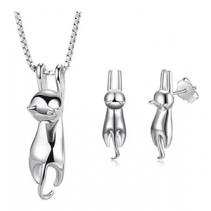 Set 2 Baño Plata Gatito Colgado Plateado Pulido