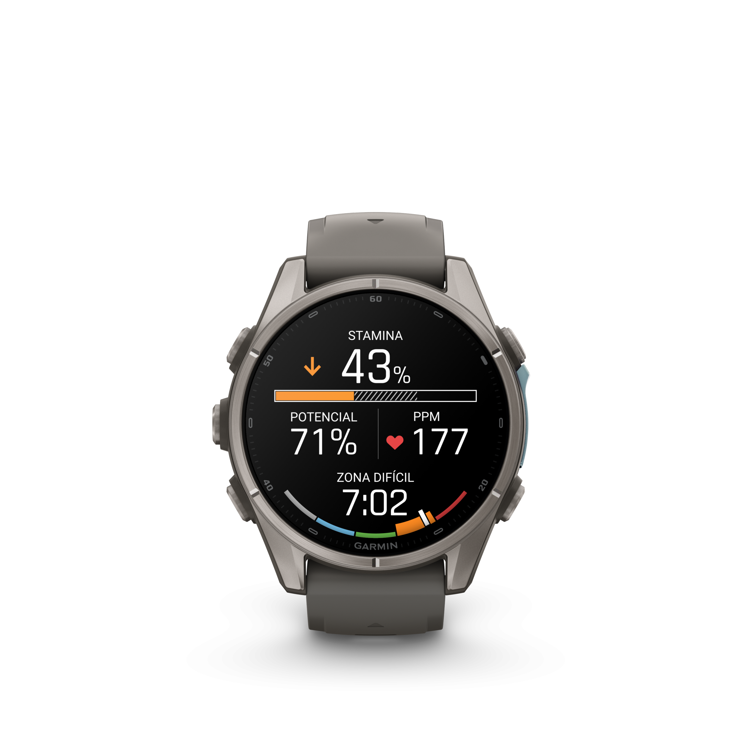 Fenix9_43mm_Titanium_PebbleGray_Front_stamina_run_in_activity_es-ES